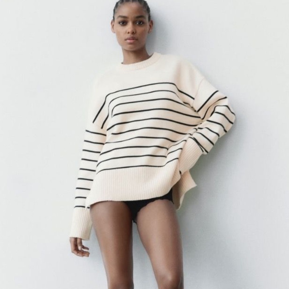 Zara Cream and Black Striped Crewneck Sweater